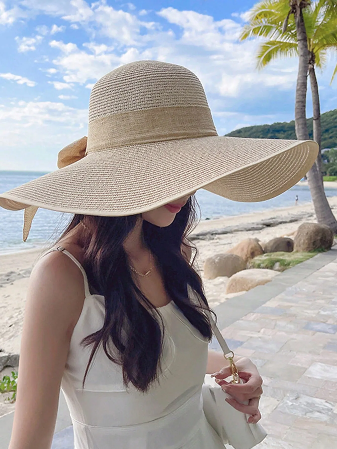 1pc Women's Oversize Brim Straw Hat Women's Summer Sun Block Big Brim Hat Seaside Bow Beach Hat Sunshade Hat Sun Hat