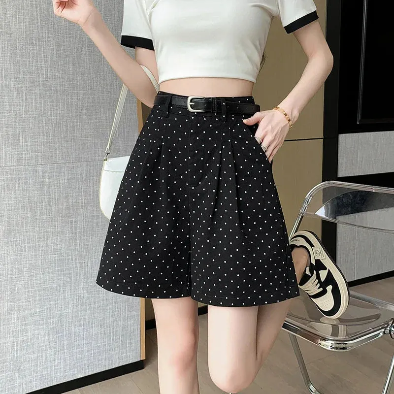 2024 Spring Dots Printed High Waist Loose Wide Leg Pleated Workwear Shorts