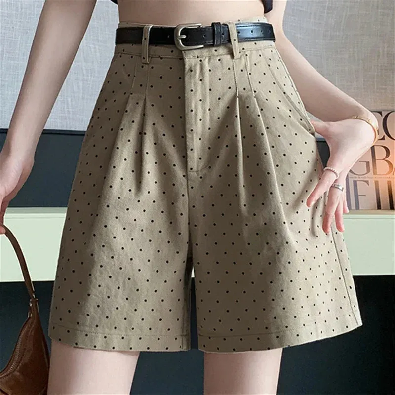 2024 Spring Dots Printed High Waist Loose Wide Leg Pleated Workwear Shorts