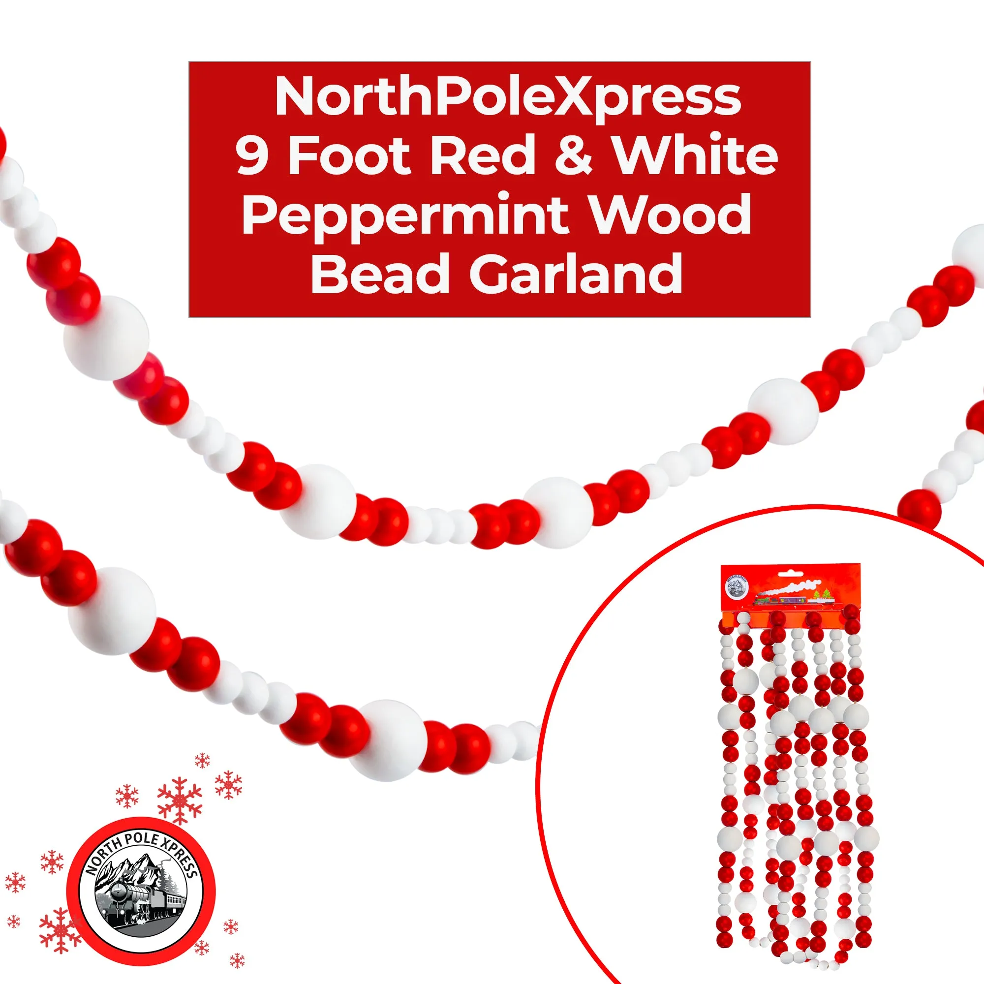 9 Foot Red & White Peppermint Wood Bead Christmas Garland