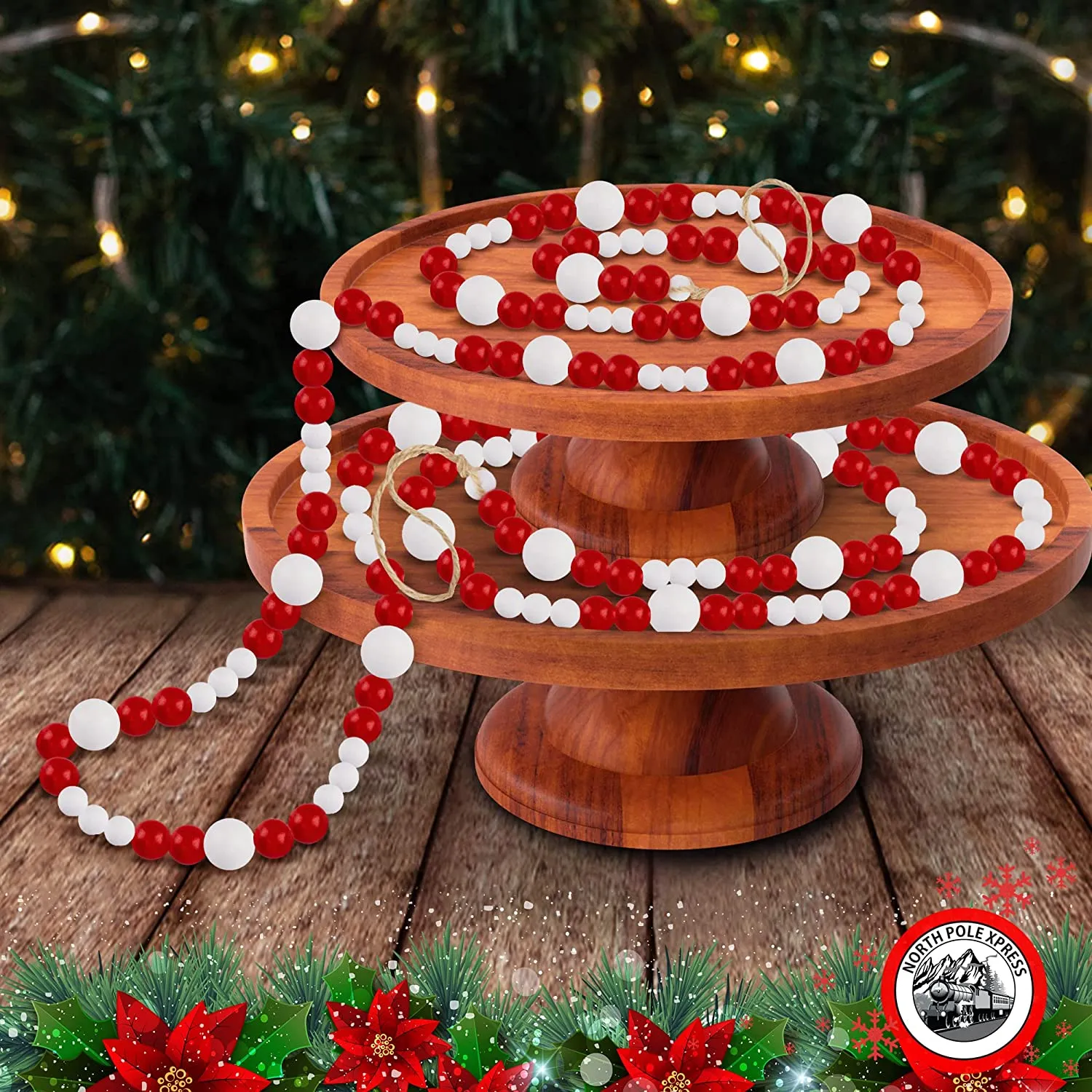 9 Foot Red & White Peppermint Wood Bead Christmas Garland