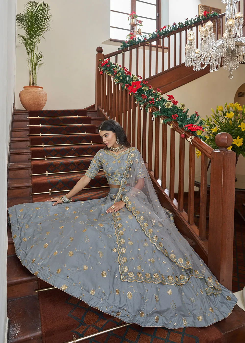 Adorning Art Silk Light Grey Wedding Lehenga Choli