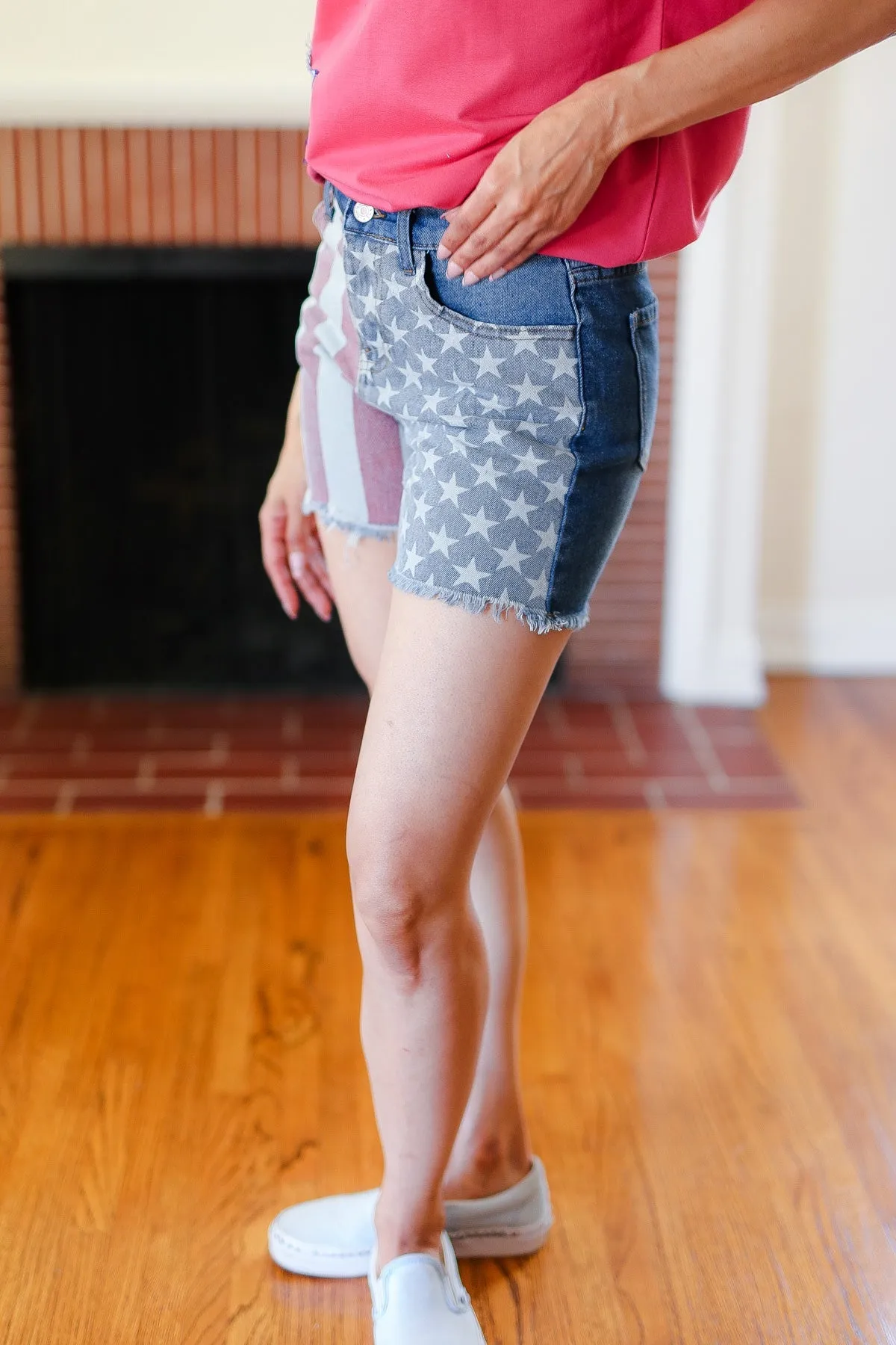 American Flag High Rise Frayed Hem Denim Shorts