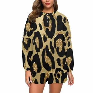 Animal Print 2  Women's Long Sleeve Pajama Set with Shorts