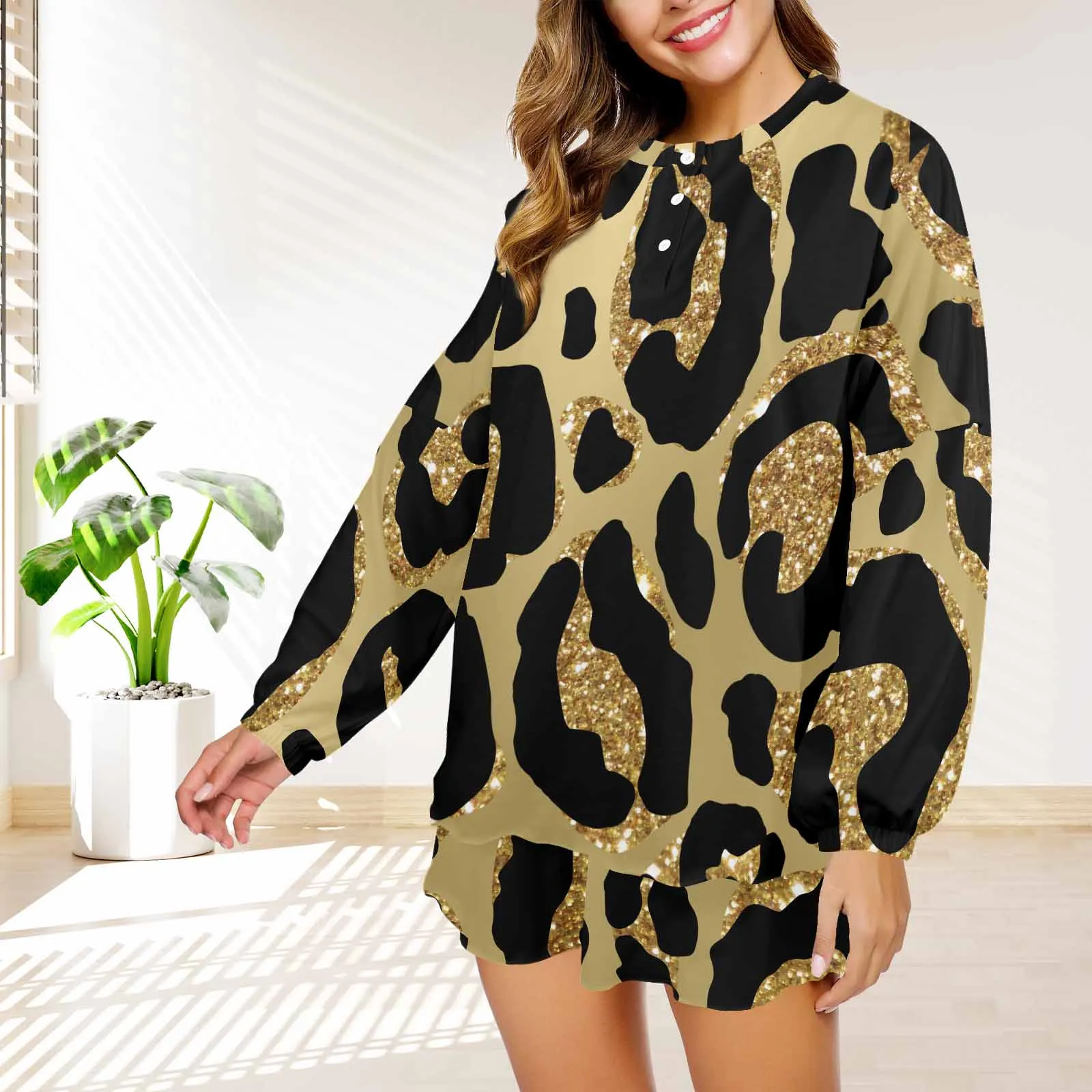 Animal Print 2  Women's Long Sleeve Pajama Set with Shorts