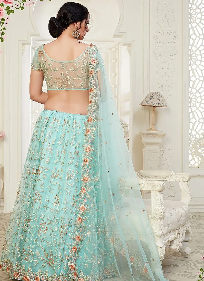 Aqua Blue Floral Embroidered Stunning Lehenga Choli