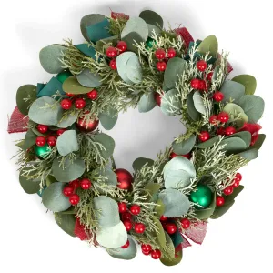 Artificial Christmas Wreath Eucalyptus Red Berries & Baubles 30cm