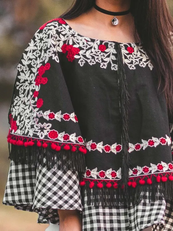 Black Circular Embroidered Khadi Poncho With Checks