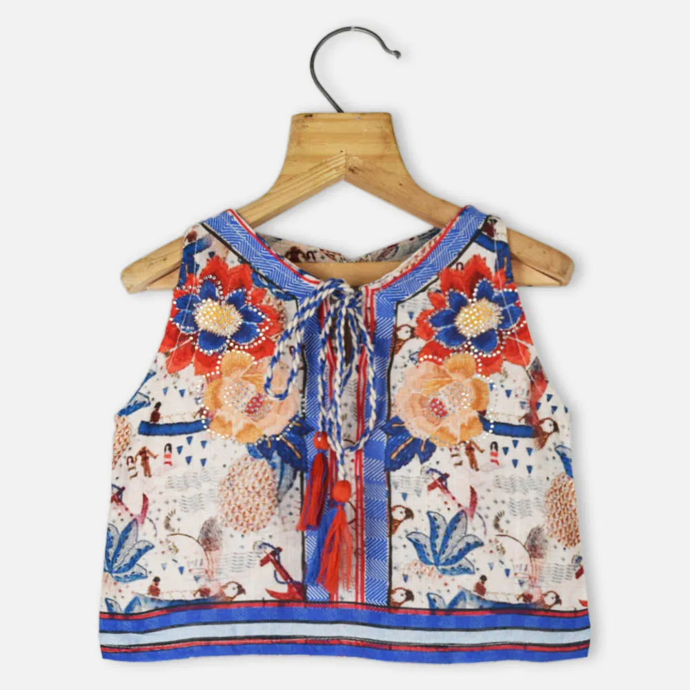 Blue Embellished Tropical Printed Top With Shorts Co-Ord Set