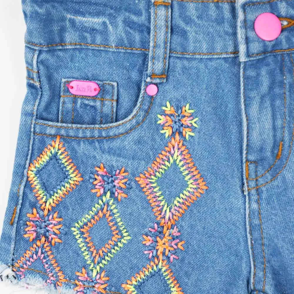 Blue Embroidered Raw Hem Shorts