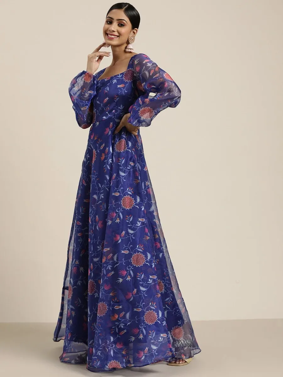 Blue Floral Printed Fit and Flared Organza Gown