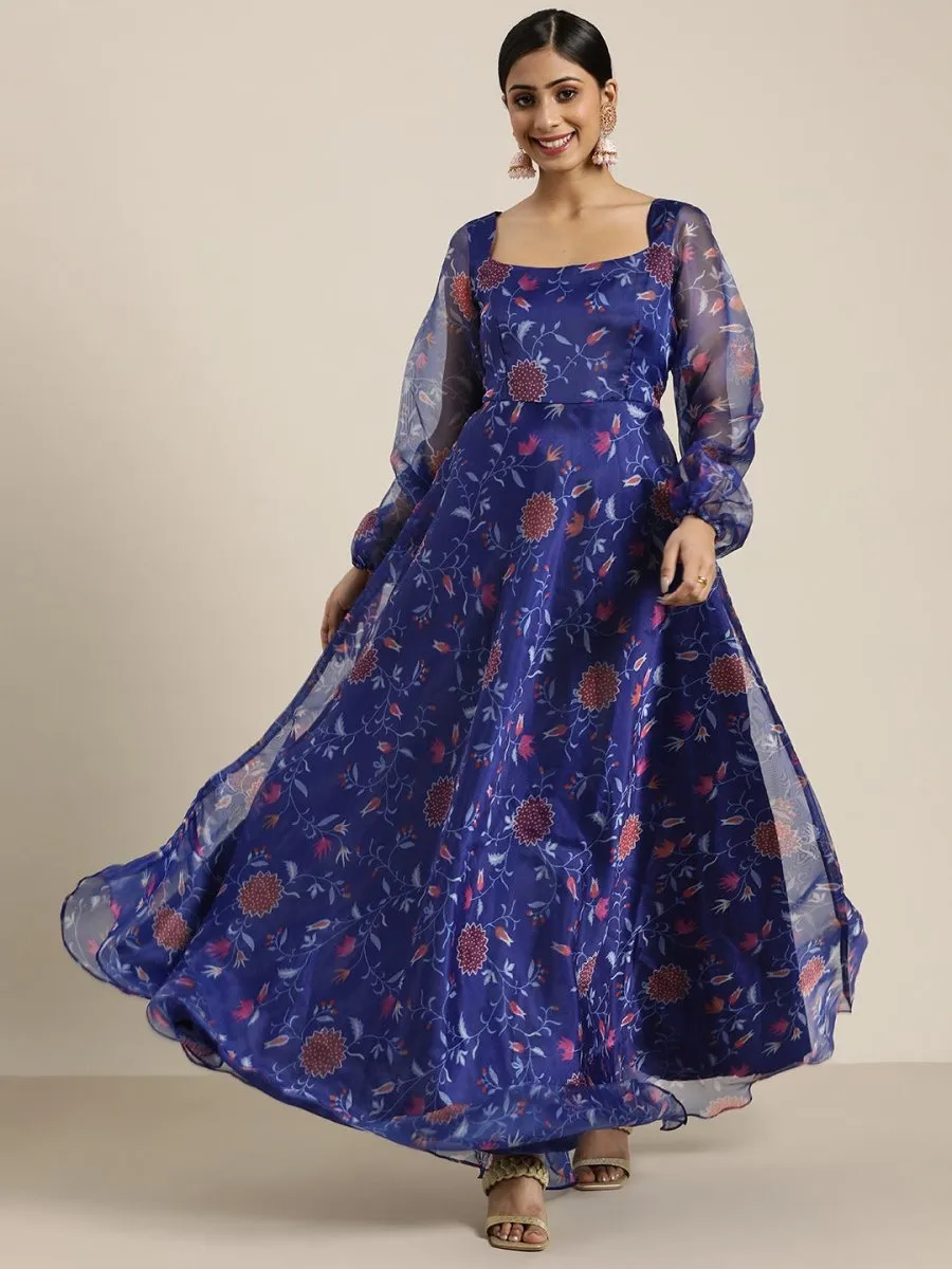 Blue Floral Printed Fit and Flared Organza Gown