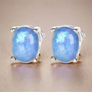 Blue Simulated Fire Opal Oval Solitaire On 14K White Gold Plated Stud Earrings for Woman