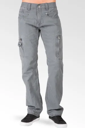 Charcoal Gray Relaxed Straight Premium Canvas Utility Jeans, Cargo Zipper Pockets & Stone Wash