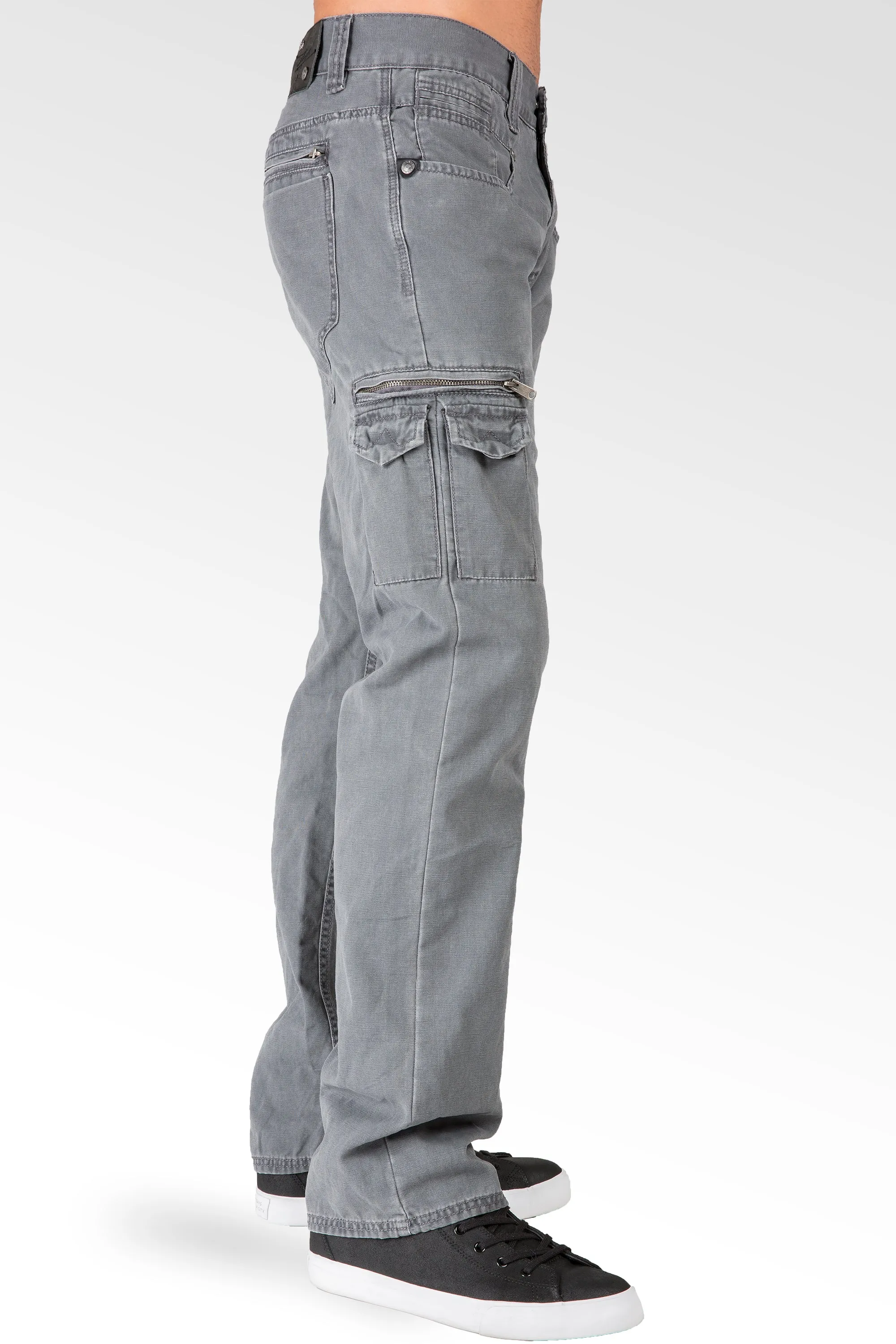 Charcoal Gray Relaxed Straight Premium Canvas Utility Jeans, Cargo Zipper Pockets & Stone Wash