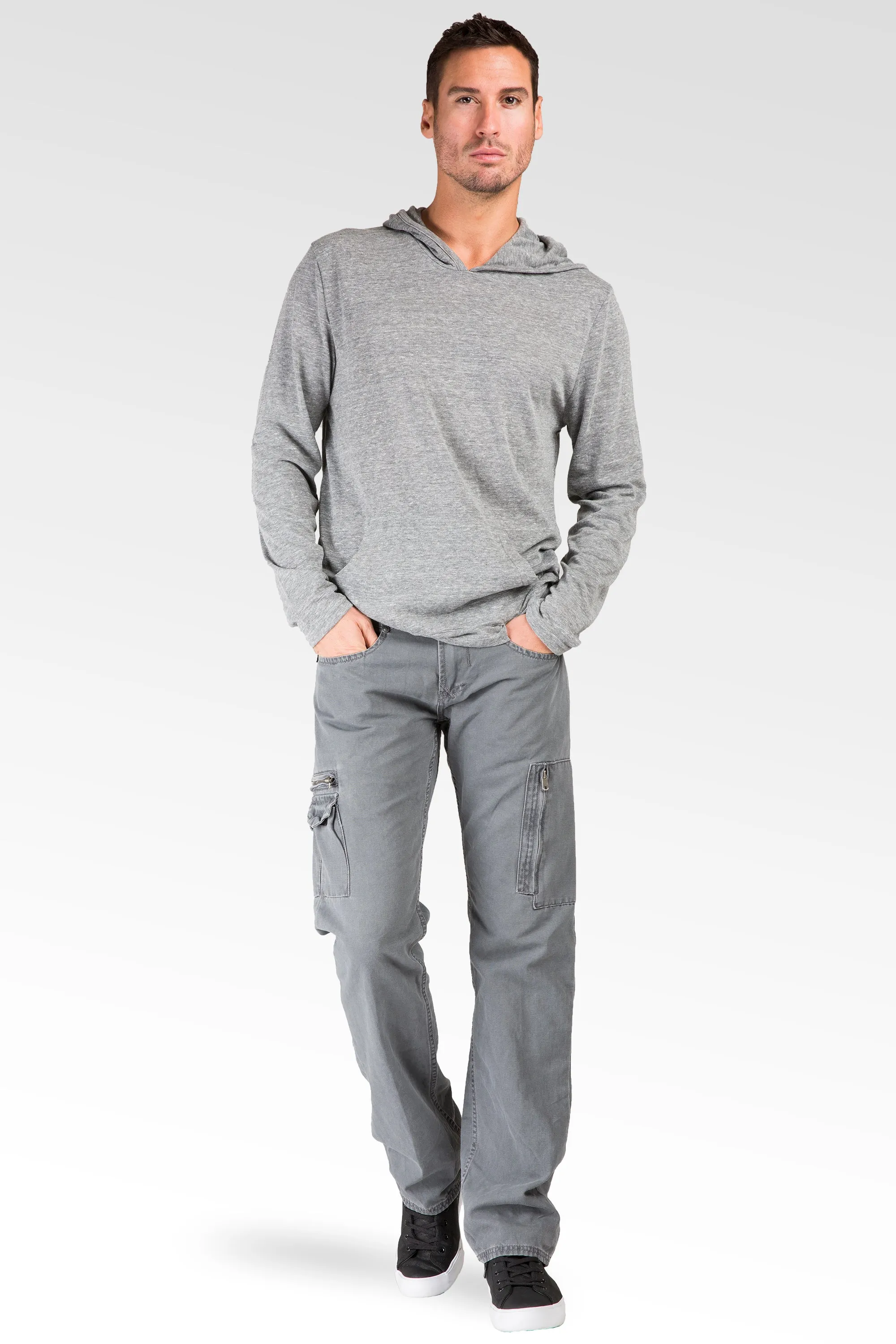 Charcoal Gray Relaxed Straight Premium Canvas Utility Jeans, Cargo Zipper Pockets & Stone Wash