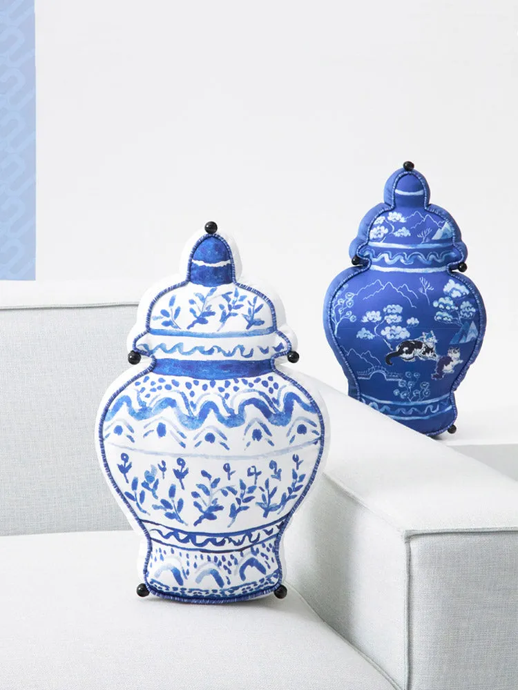 Chinese Classic Blue and White Double-Sided Printed Vase Shaped Throw Pillow Cushion