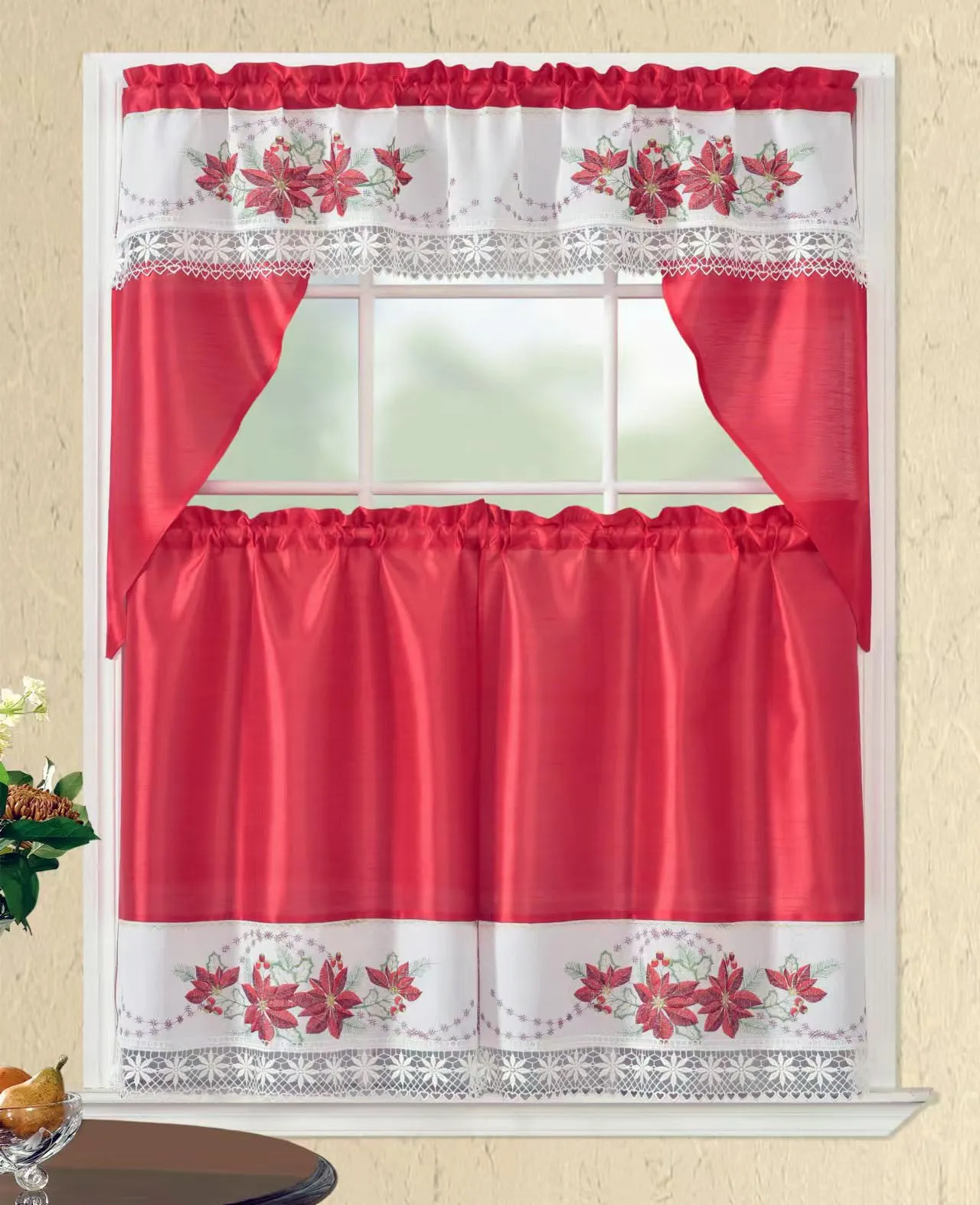 CityLux Linen 3pc Christmas Holiday Embroidered Kitchen Curtain Set