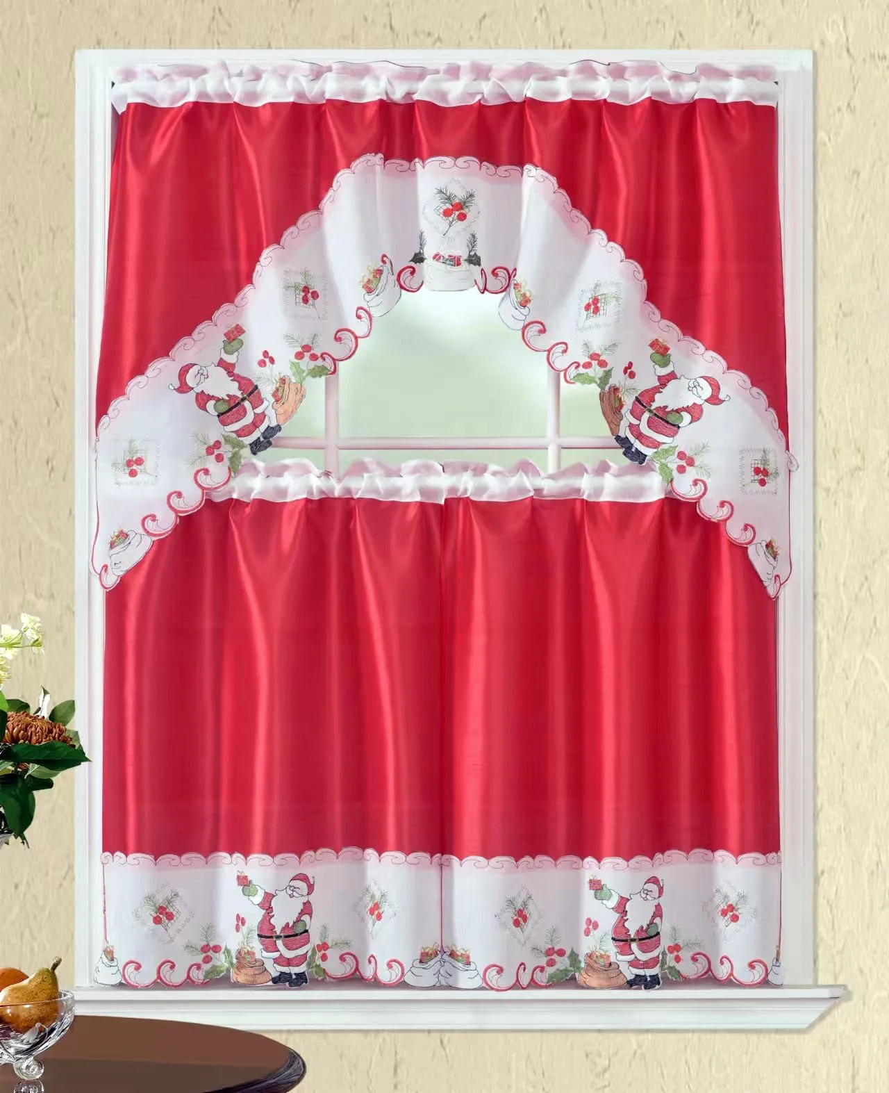 CityLux Linen 3pc Christmas Holiday Embroidered Kitchen Curtain Set