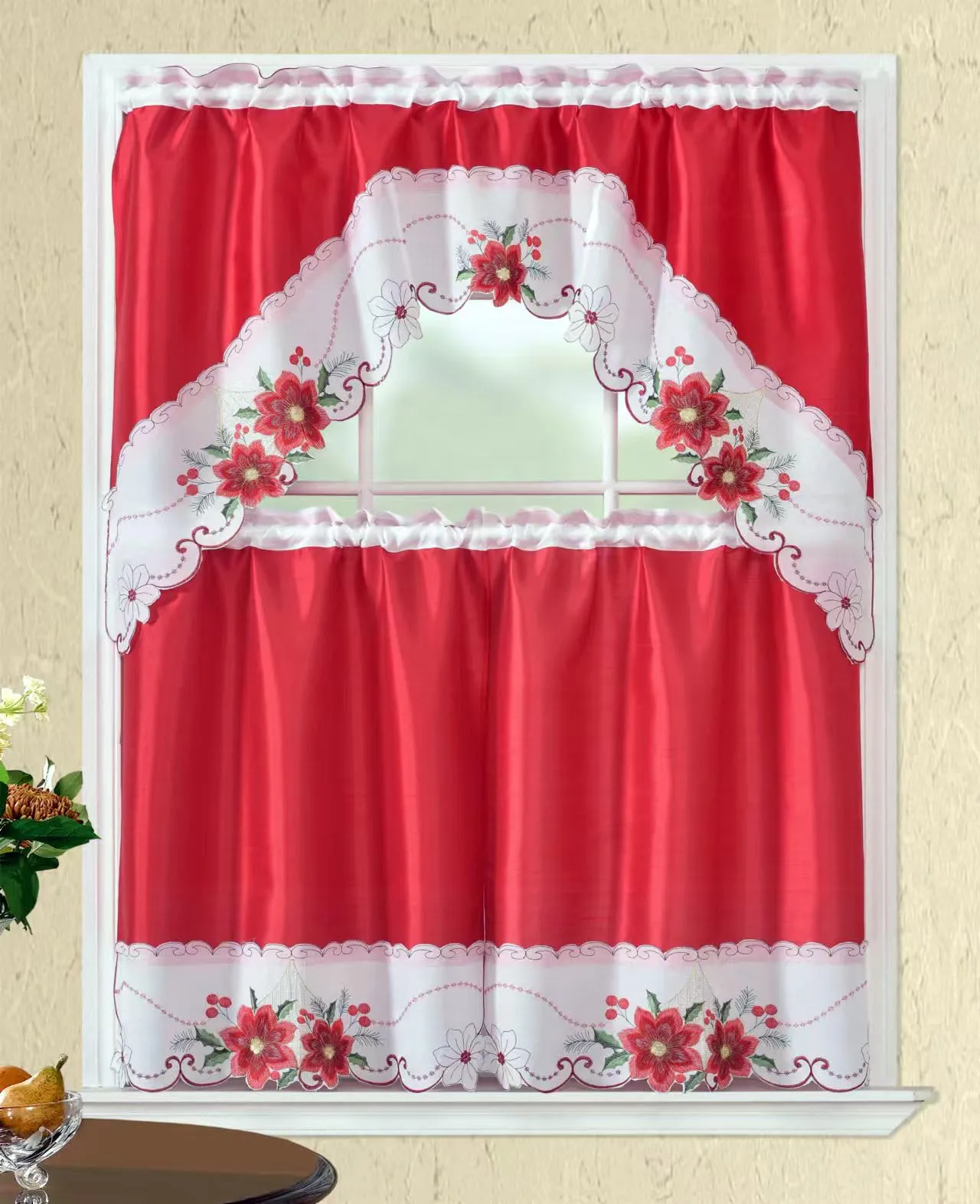 CityLux Linen 3pc Christmas Holiday Embroidered Kitchen Curtain Set