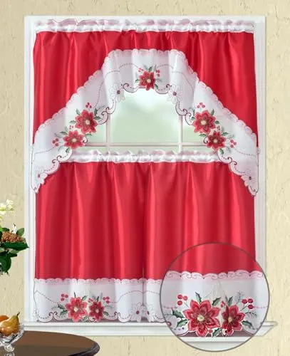 CityLux Linen 3pc Christmas Holiday Embroidered Kitchen Curtain Set