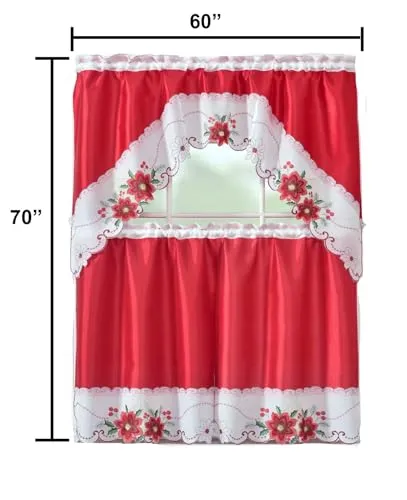 CityLux Linen 3pc Christmas Holiday Embroidered Kitchen Curtain Set