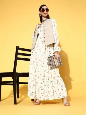 Cream Polyester Partywear Floral Dresses