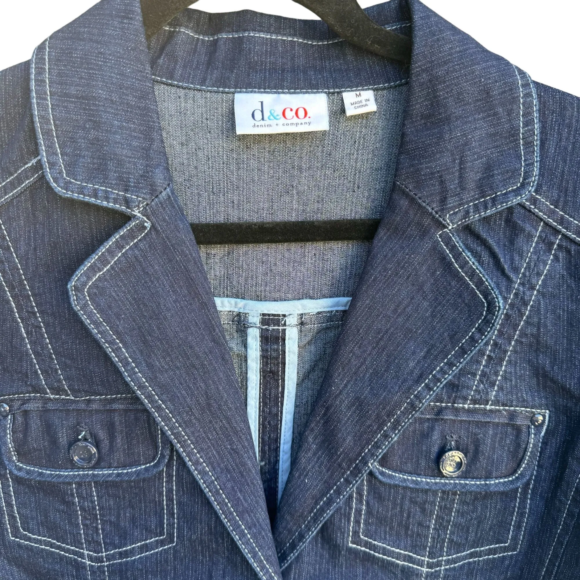 Denim & Co D & Co Womens Denim Button Front Pockets Stretch Blazer Jacket New M