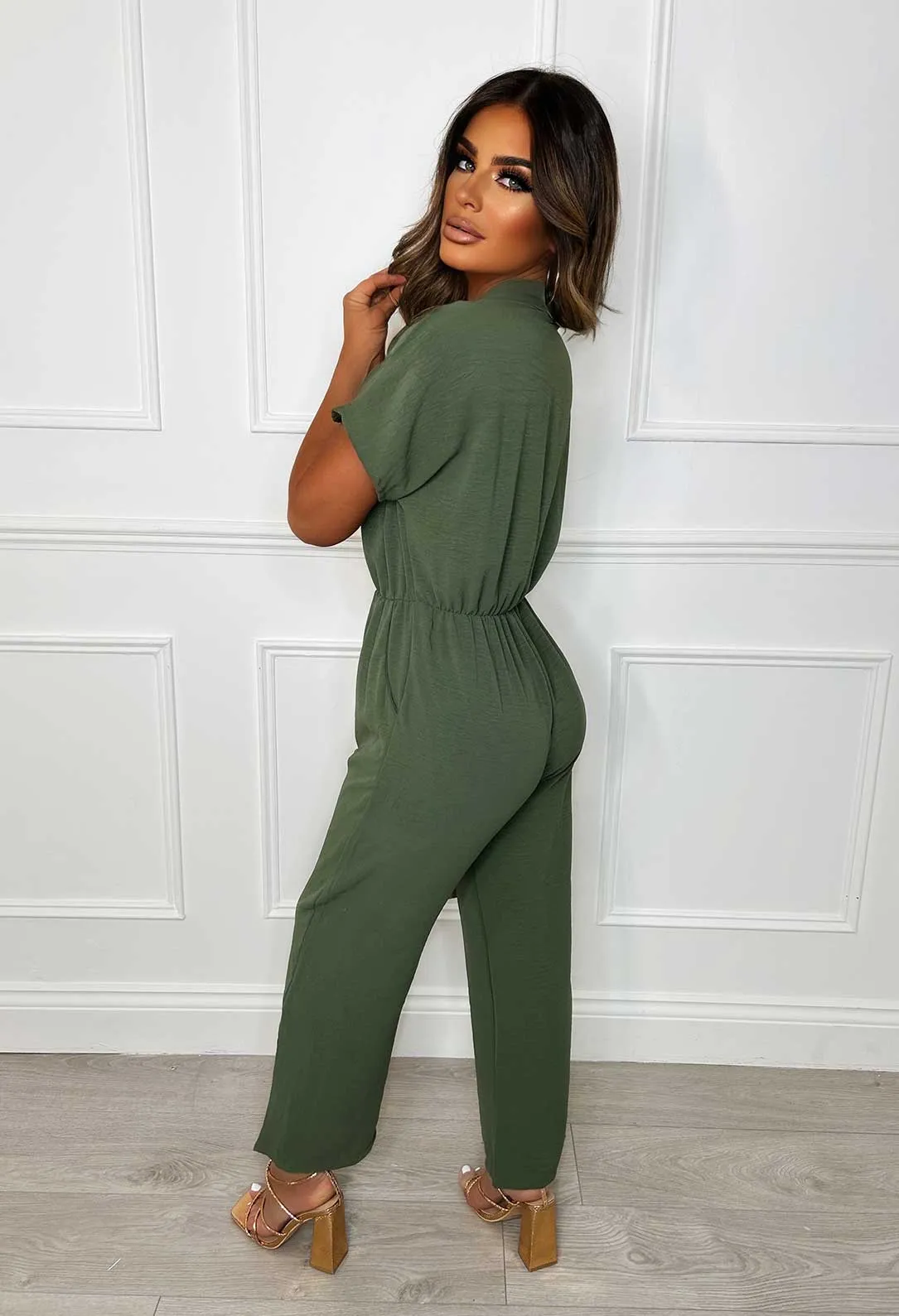 Elegant Babes Khaki Button Detail Jumpsuit