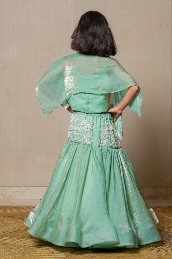 Elegant mint Green top and Lahenga with intricate white embroidery and a flowing silhouette, perfect for making a stylish statement at any festive occasion.