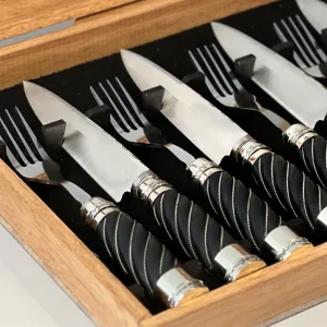 Exclusive Matte Black Grooved Wood Cutlery Set with Double Alpaca - Handcrafted Argentine Artistry