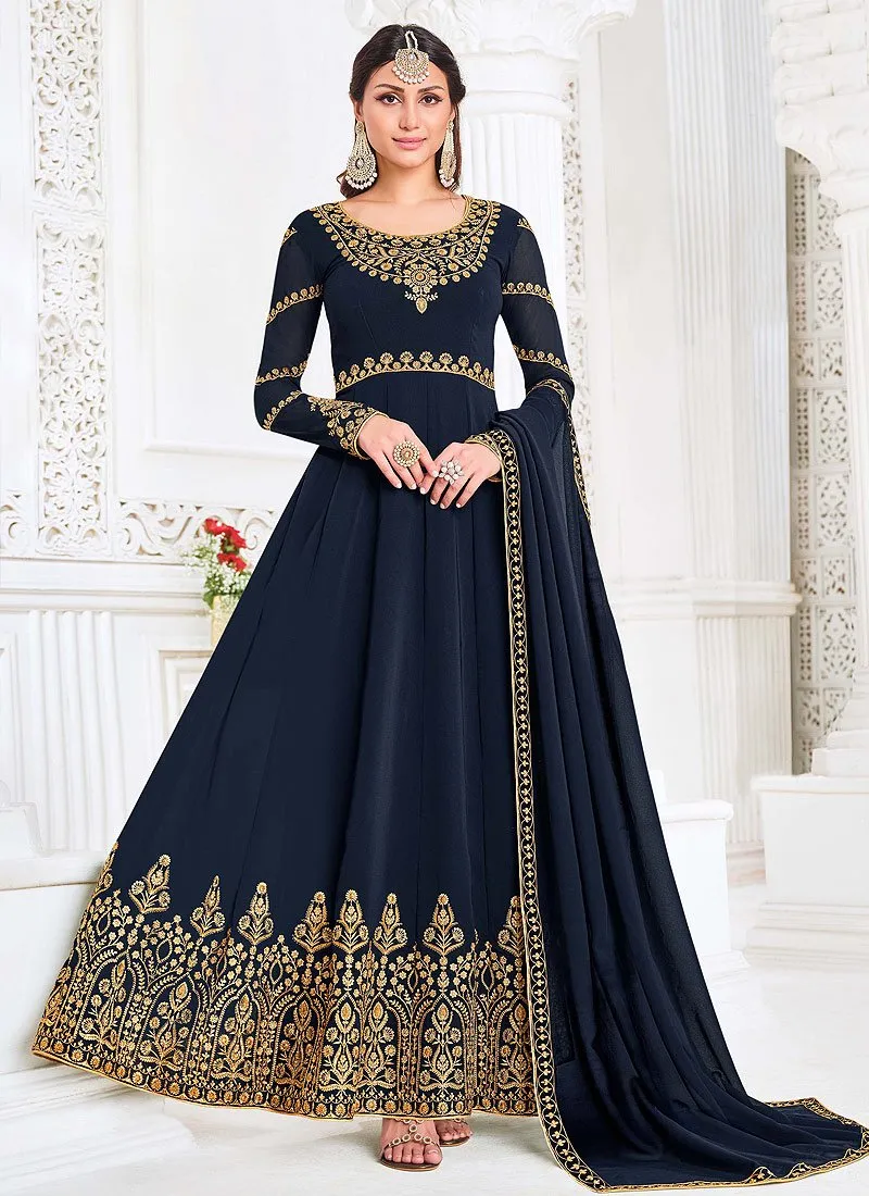 Front Slit Prussian Blue Zari Embroidered Anarkali Suit