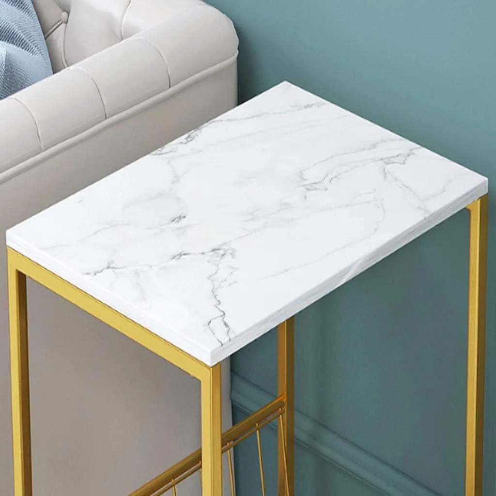 Golden Gleam Square Sofa Side Basket Table - Modern Marble Top