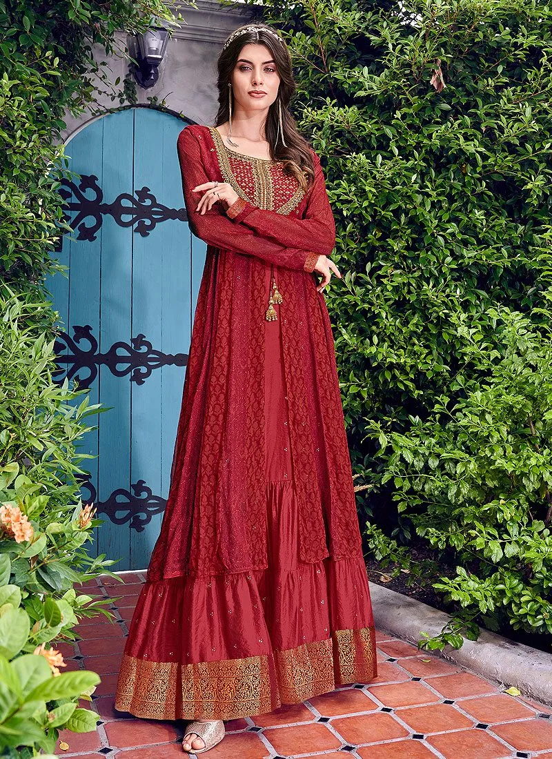 Graceful Red Chiffon Embroidered Jacket Style Anarkali