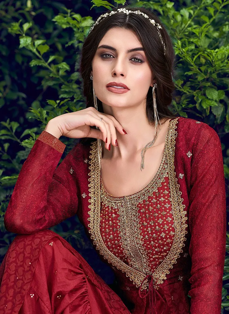 Graceful Red Chiffon Embroidered Jacket Style Anarkali