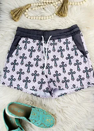 Gray & Turquoise Cross Drawstring Shorts