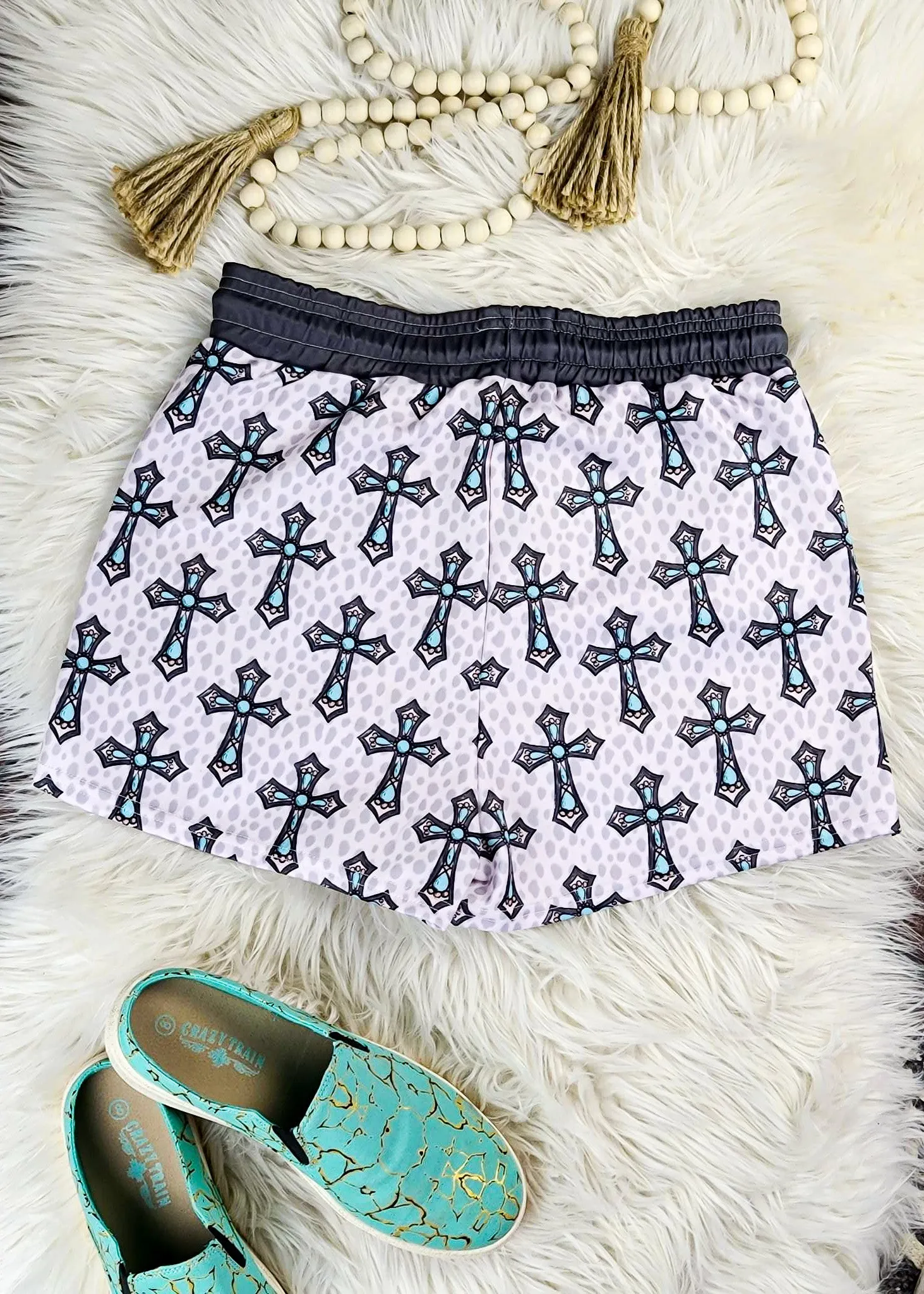 Gray & Turquoise Cross Drawstring Shorts