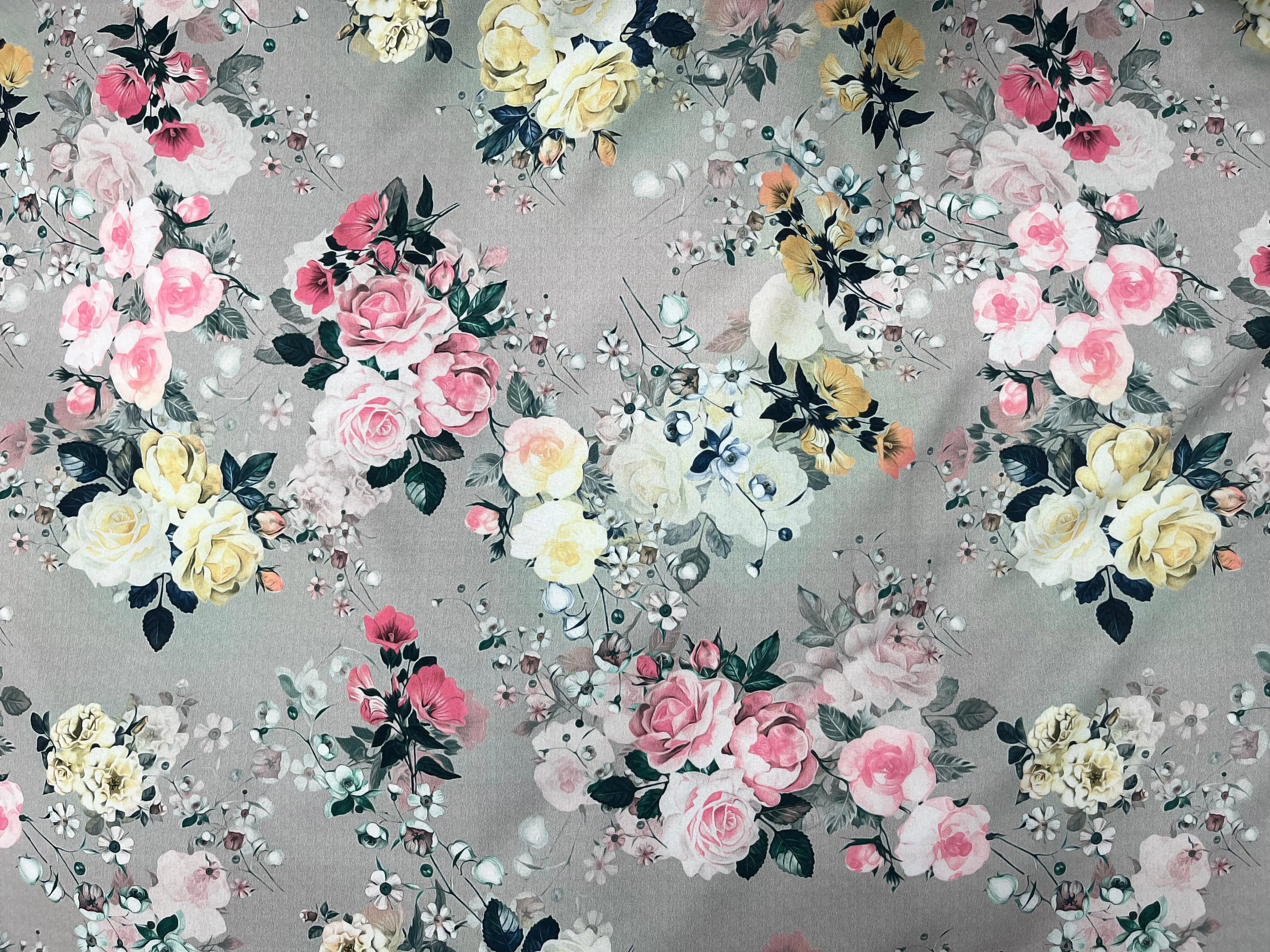 Grey Floral - Printed Peachskin Fabric