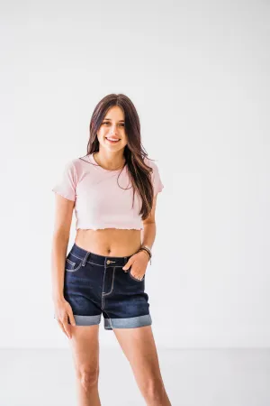 Happy Dance Dark Wash Cuffed Denim Shorts