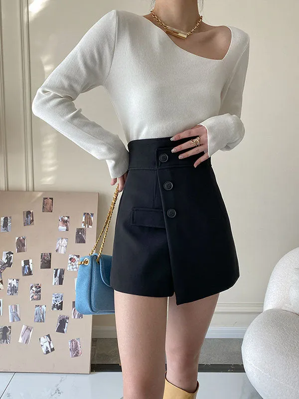 High Waisted Irregular Clipping Solid Color Culotte Shorts Bottoms