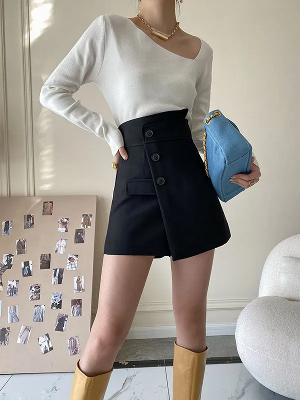 High Waisted Irregular Clipping Solid Color Culotte Shorts Bottoms