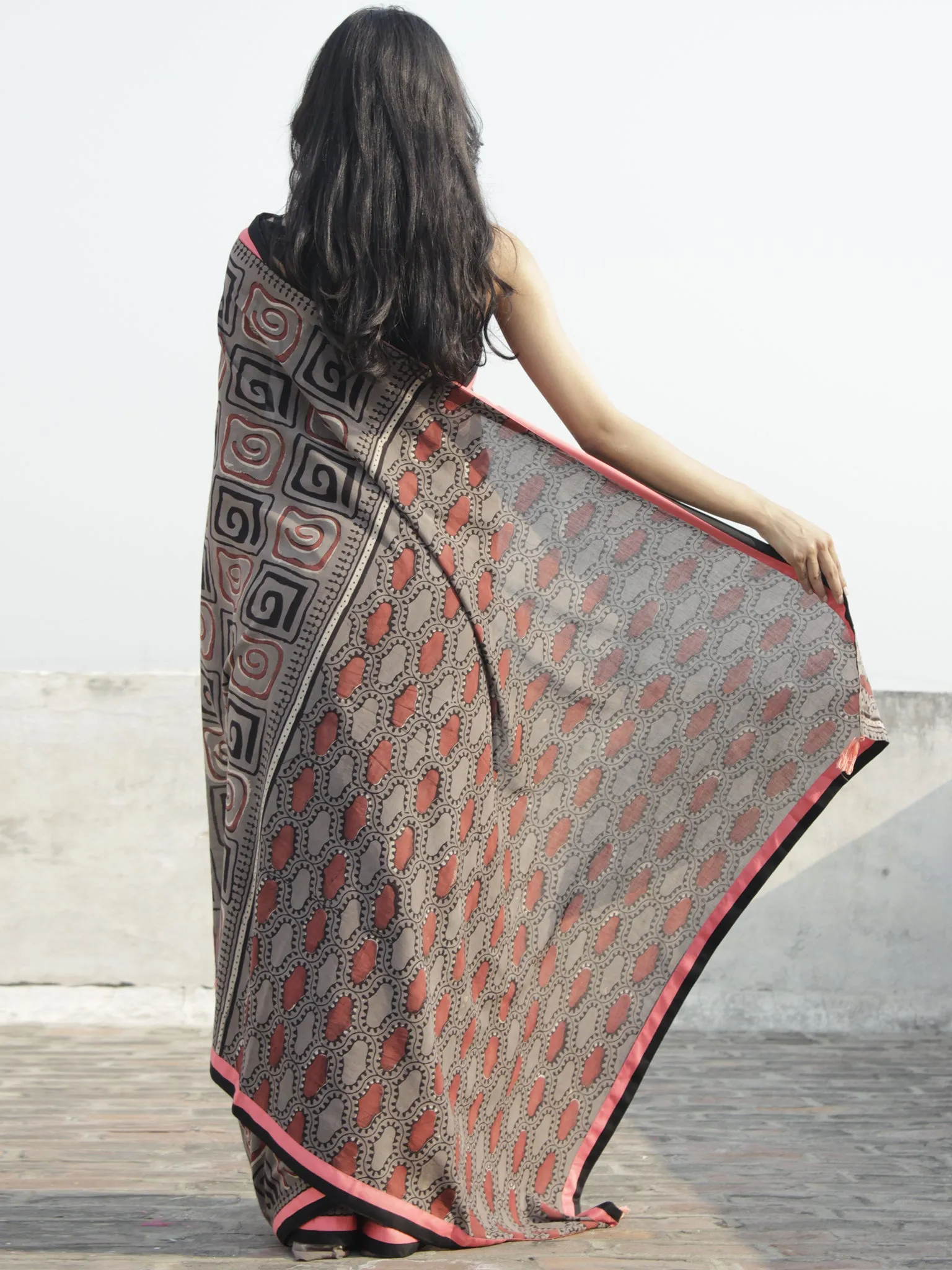 Kashish Black Maroon Hand Block Printed Cotton Saree With Peach Border & Tassels - S031702294