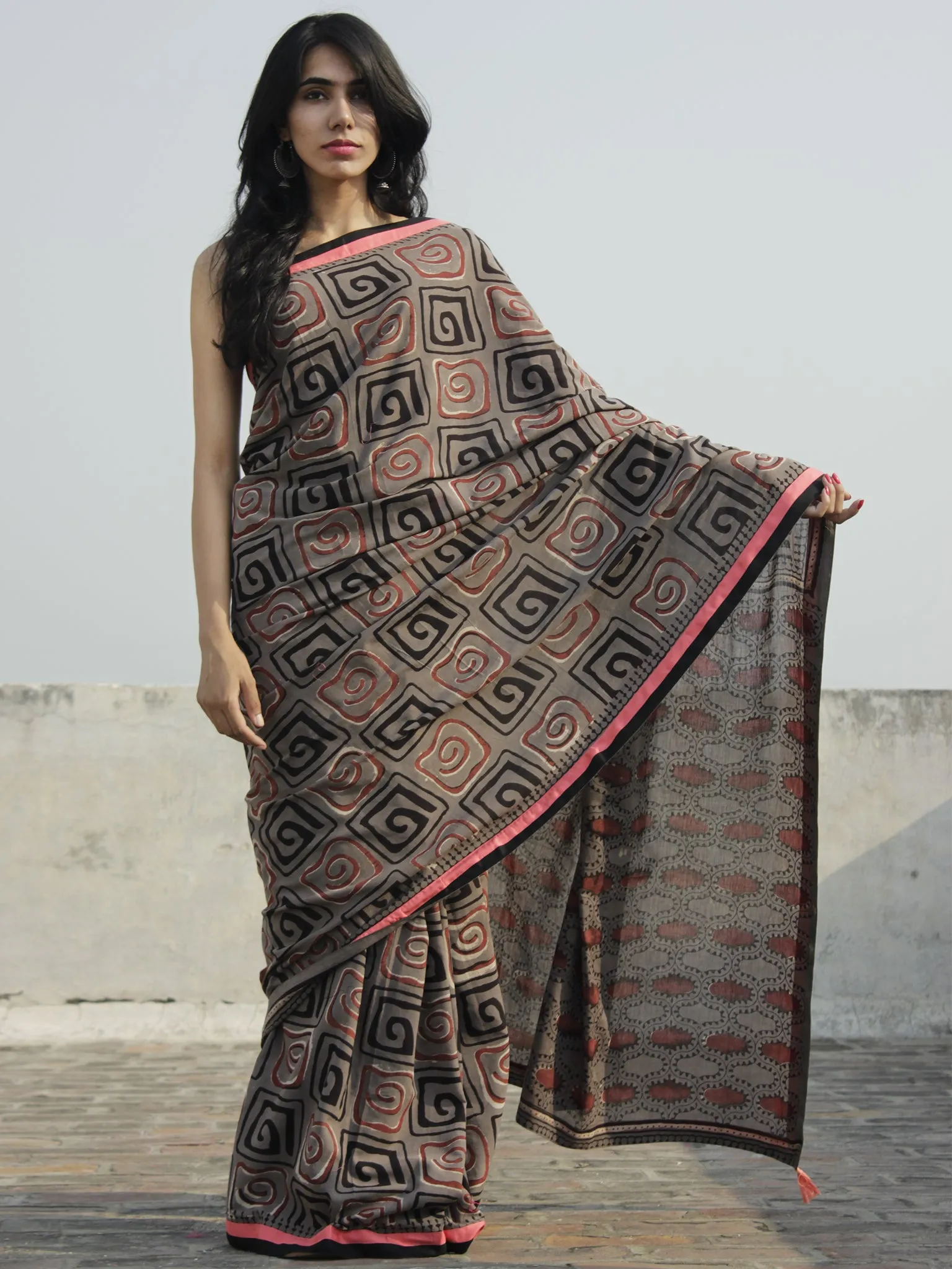 Kashish Black Maroon Hand Block Printed Cotton Saree With Peach Border & Tassels - S031702294