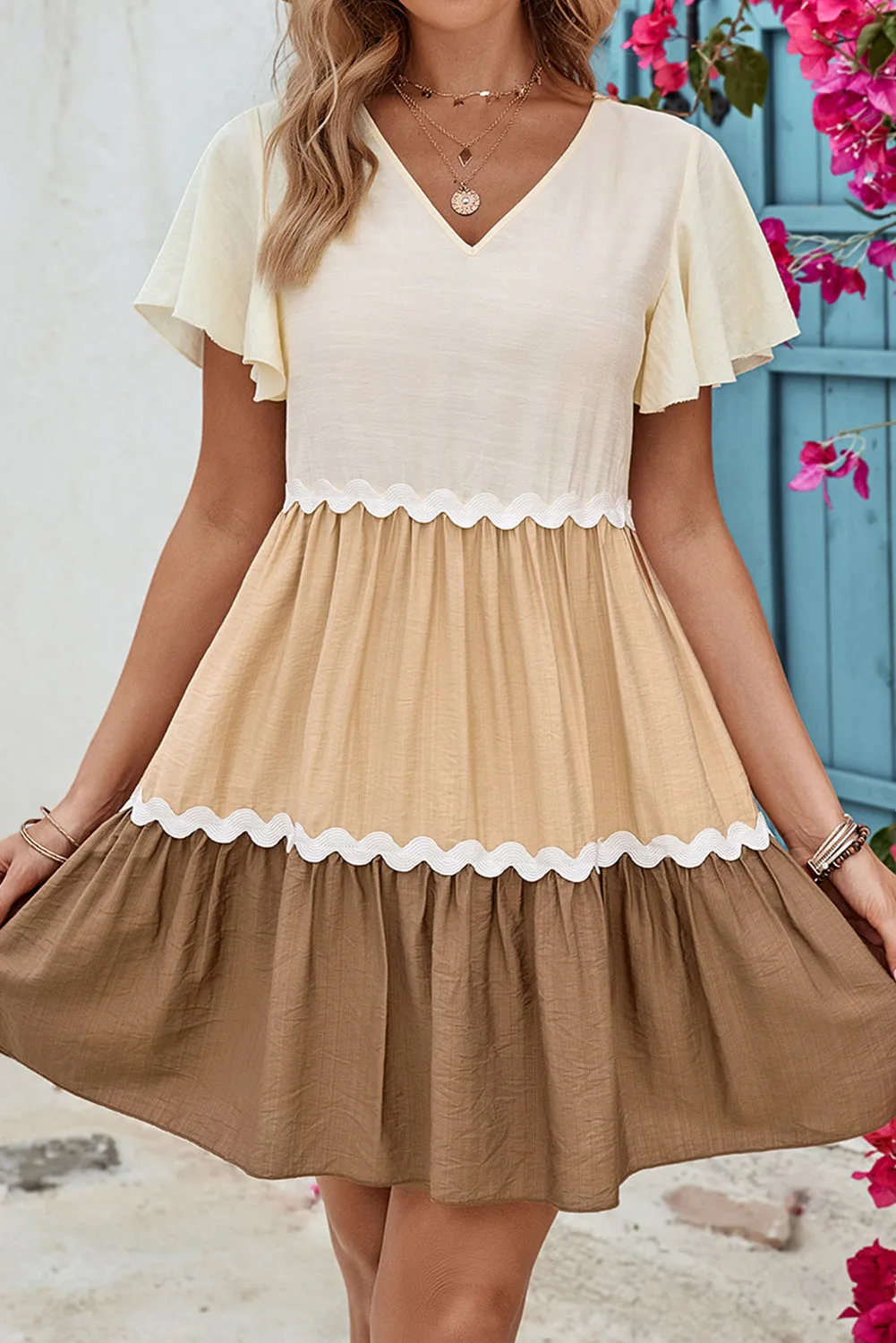 Khaki Ricrac Splicing Colorblock Flutter Sleeve Dress