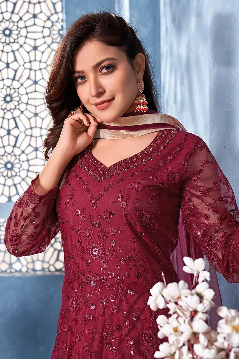 Lovely Maroon Two Tone Embroidered Sequins Anarkali Suit