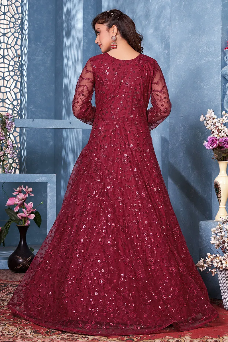 Lovely Maroon Two Tone Embroidered Sequins Anarkali Suit