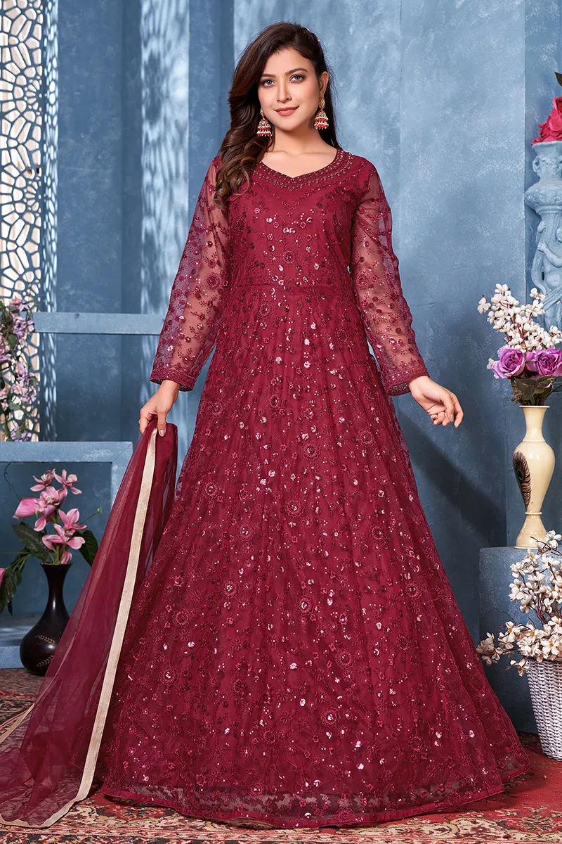 Lovely Maroon Two Tone Embroidered Sequins Anarkali Suit