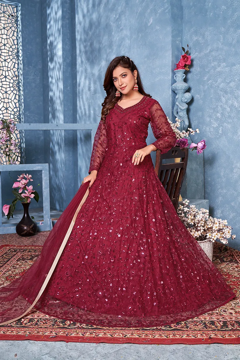 Lovely Maroon Two Tone Embroidered Sequins Anarkali Suit