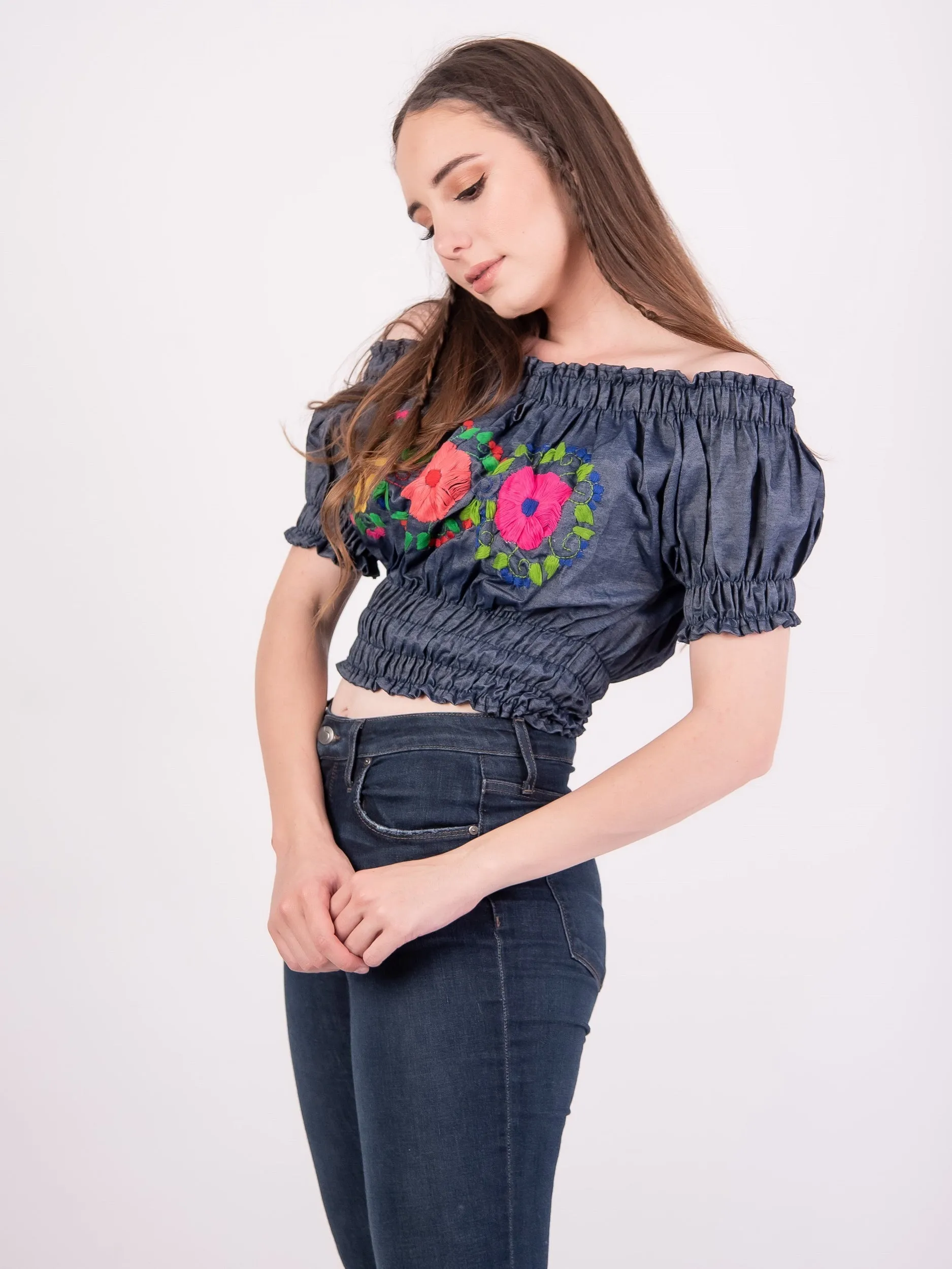 Mexican Denim Off the Shoulder Blouse Coqueta