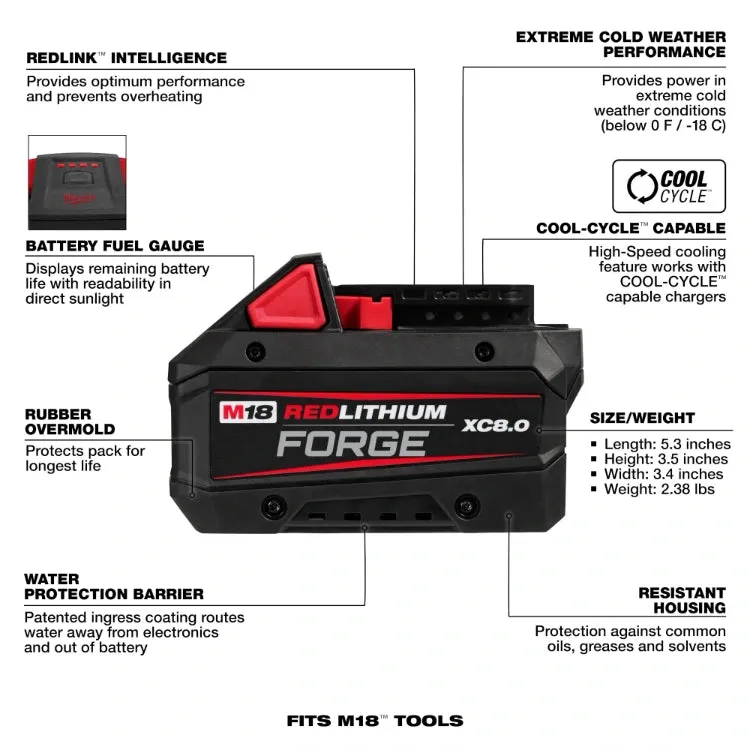 Milwaukee 48-59-1881SC M18™ REDLITHIUM™ XC8.0 Forge Battery & Dual Bay Supercharger Kit